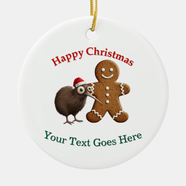 Funny Kiwi Bird in Santa Hat & Gingerbread Man  Ceramic Ornament (Front)