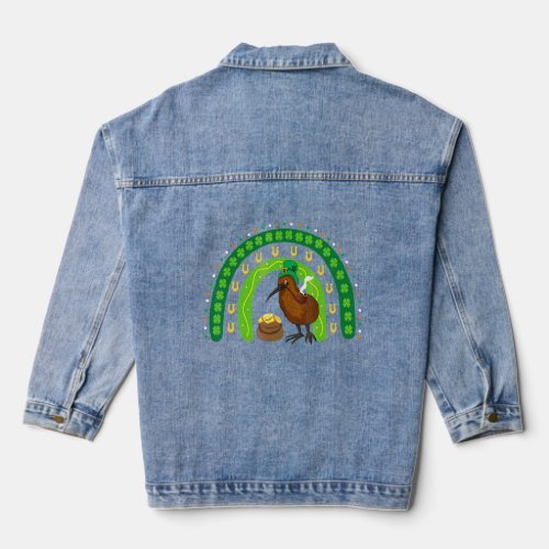 Funny Kiwi Bird Lucky Shamrock Rainbow St Patrick Denim Jacket