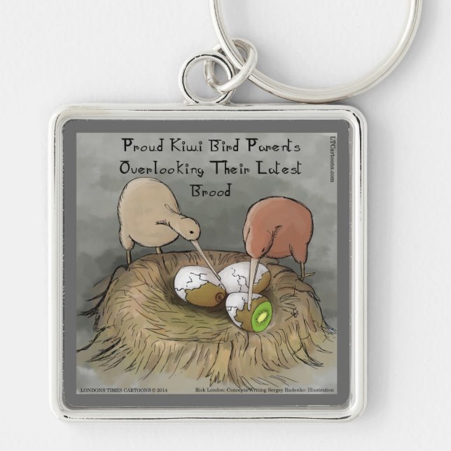 Funny Kiwi Birds Tending Their Fruit Keychain (Front)