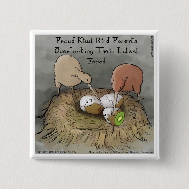 Funny Kiwi Birds Tending Their Fruit Pinback Button (Front)