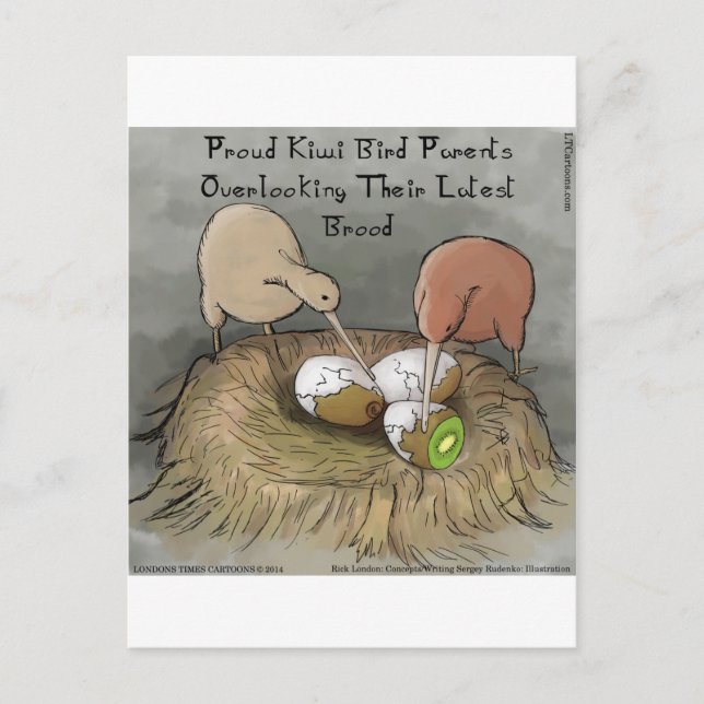 Funny Kiwi Birds Tending Their Fruit Postcard (Front)
