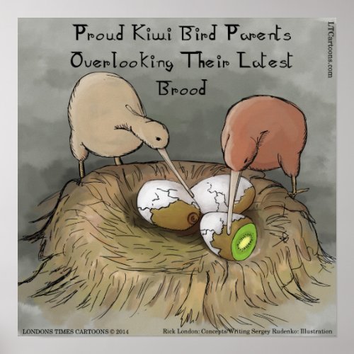 Funny Kiwi Birds Tending To Their Fruit Poster