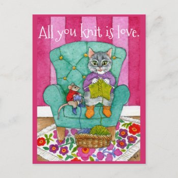 Funny Knitting Cat And Mouse Postcard by sunshinesketches at Zazzle