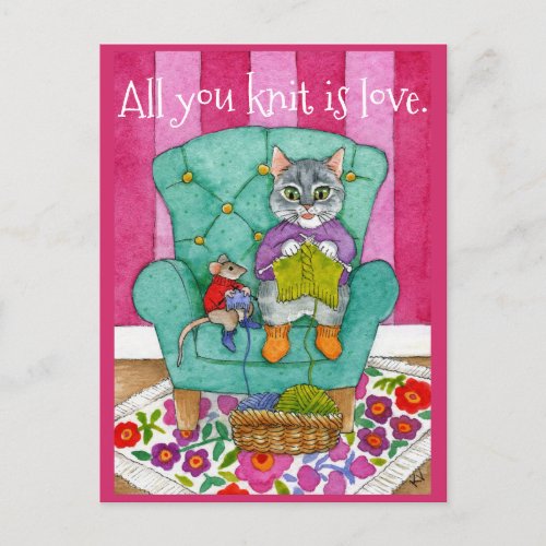 Funny knitting cat and mouse postcard