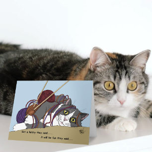 Funny Knitting Cat Tangled Yarn Hobby Humor Card