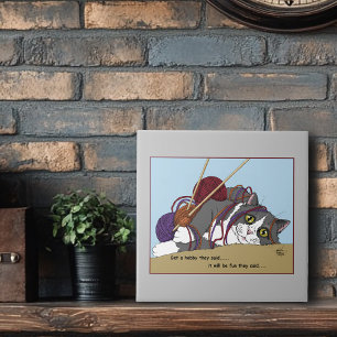Funny Knitting Cat Tangled Yarn Hobby Humor Ceramic Tile