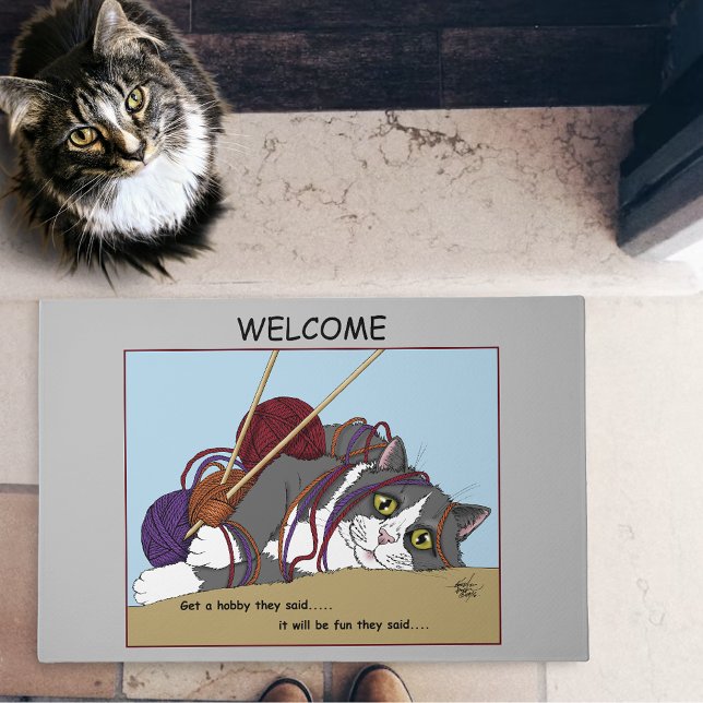 Funny Knitting Cat Tangled Yarn Hobby Humor Doormat (Creator Uploaded)