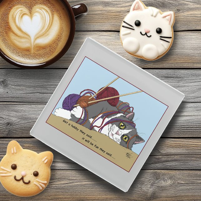 Funny Knitting Cat Tangled Yarn Hobby Humor Glass Coaster (Creator Uploaded)