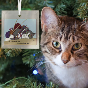 Funny Knitting Cat Tangled Yarn Hobby Humor Glass Ornament