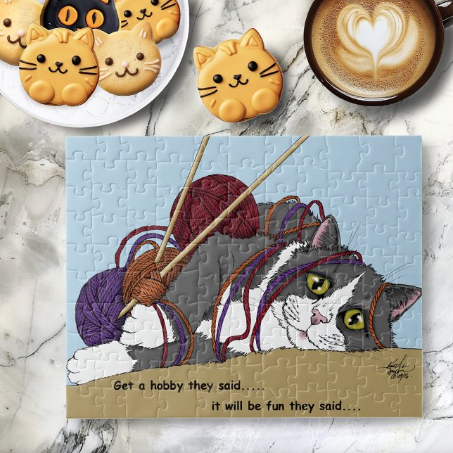 Funny Knitting Cat Tangled Yarn Hobby Humor Jigsaw Puzzle (Creator Uploaded)