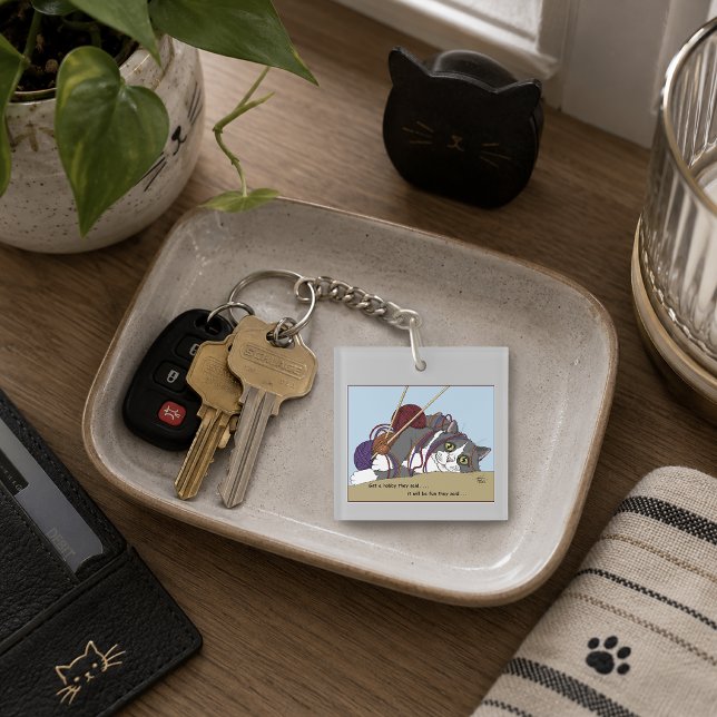 Funny Knitting Cat Tangled Yarn Hobby Humor Keychain (Creator Uploaded)