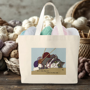 Funny Knitting Cat Tangled Yarn Hobby Humor Large Tote Bag