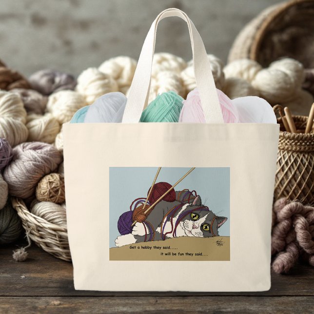 Funny Knitting Cat Tangled Yarn Hobby Humor Large Tote Bag (Creator Uploaded)