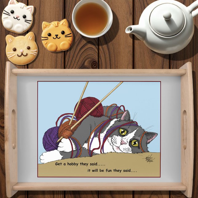 Funny Knitting Cat Tangled Yarn Hobby Humor Serving Tray (Creator Uploaded)