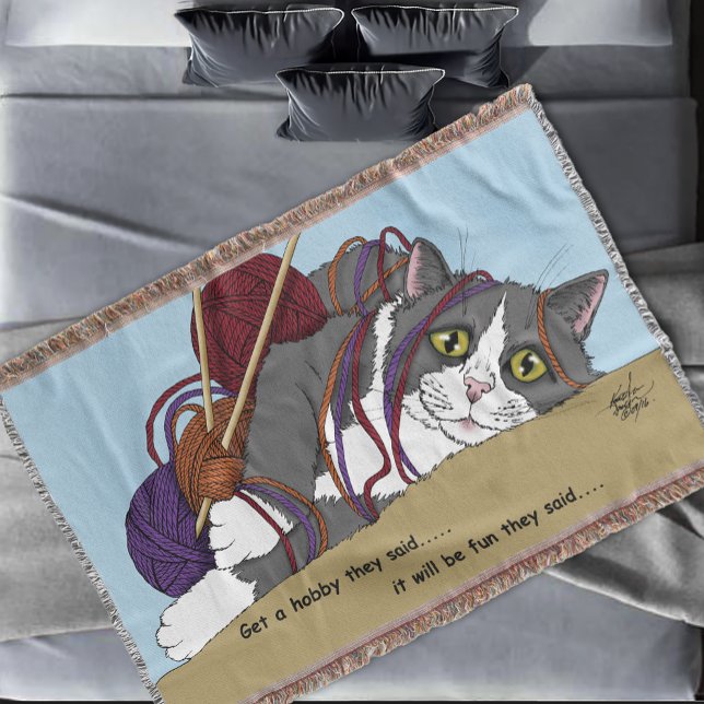 Funny Knitting Cat Tangled Yarn Hobby Humor Throw Blanket (Creator Uploaded)