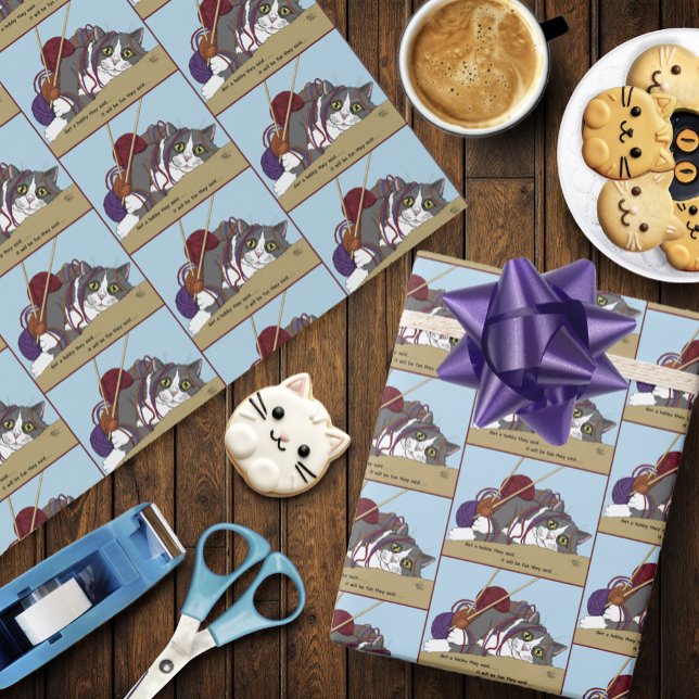 Funny Knitting Cat Tangled Yarn Hobby Humor Wrapping Paper (Creator Uploaded)
