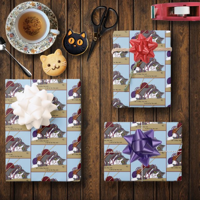 Funny Knitting Cat Tangled Yarn Hobby Humor Wrapping Paper Sheets (Creator Uploaded)