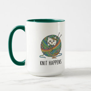 Funny Knitting Cat Yarn Art "Knit Happens" Print Mug