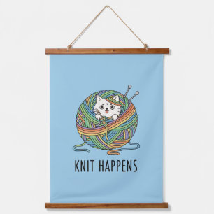 Funny Knitting Cat Yarn Ball Light Blue Design Hanging Tapestry