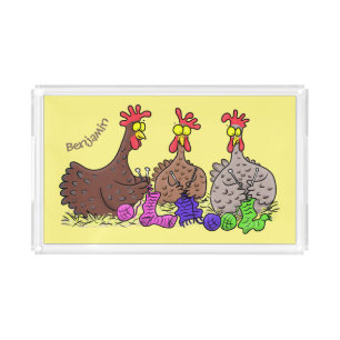 Funny knitting chickens cartoon illustration acrylic tray