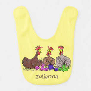 Funny knitting chickens cartoon illustration baby bib