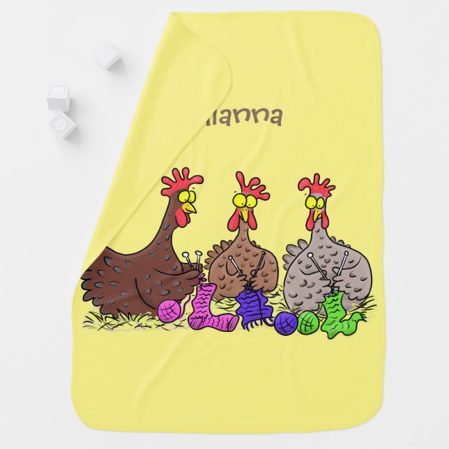 Funny knitting chickens cartoon illustration baby blanket (In Situ)