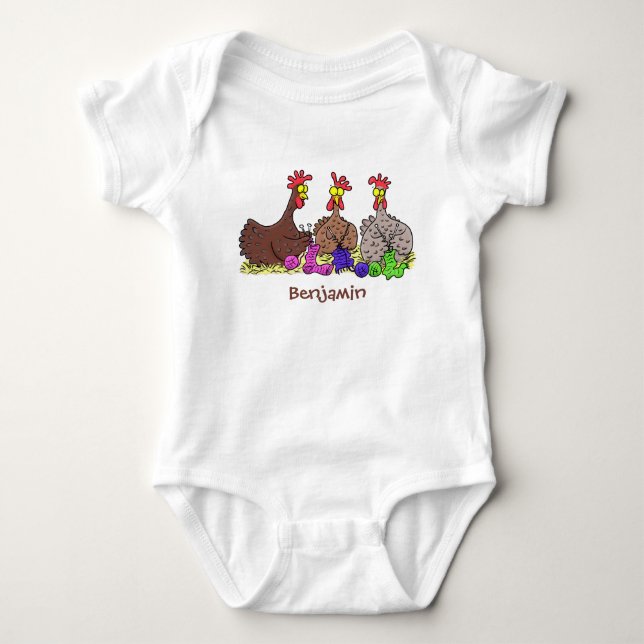 Funny knitting chickens cartoon illustration baby bodysuit (Front)