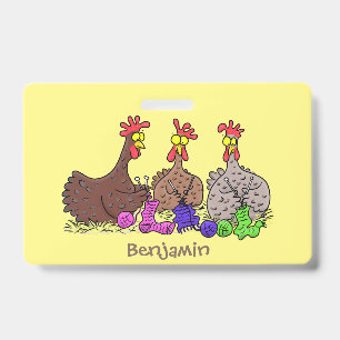 Funny knitting chickens cartoon illustration badge