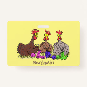 Funny knitting chickens cartoon illustration badge