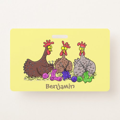 Funny knitting chickens cartoon illustration badge