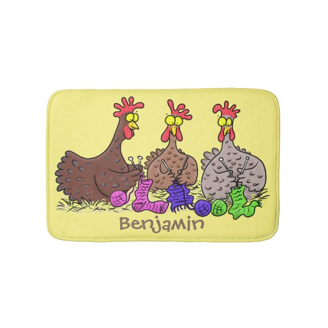 Funny knitting chickens cartoon illustration bath mat (Front)