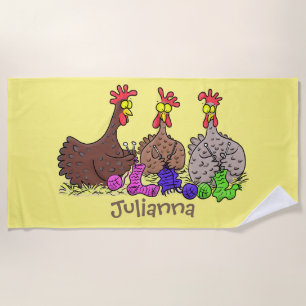 Funny knitting chickens cartoon illustration beach towel