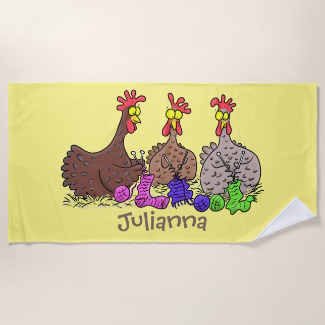 Funny knitting chickens cartoon illustration beach towel (Front)