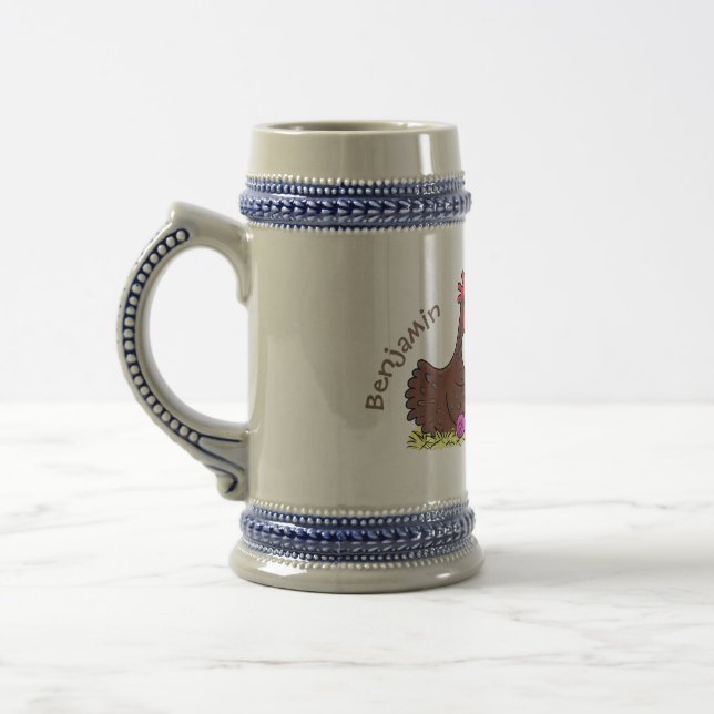 Funny knitting chickens cartoon illustration beer stein (Left)