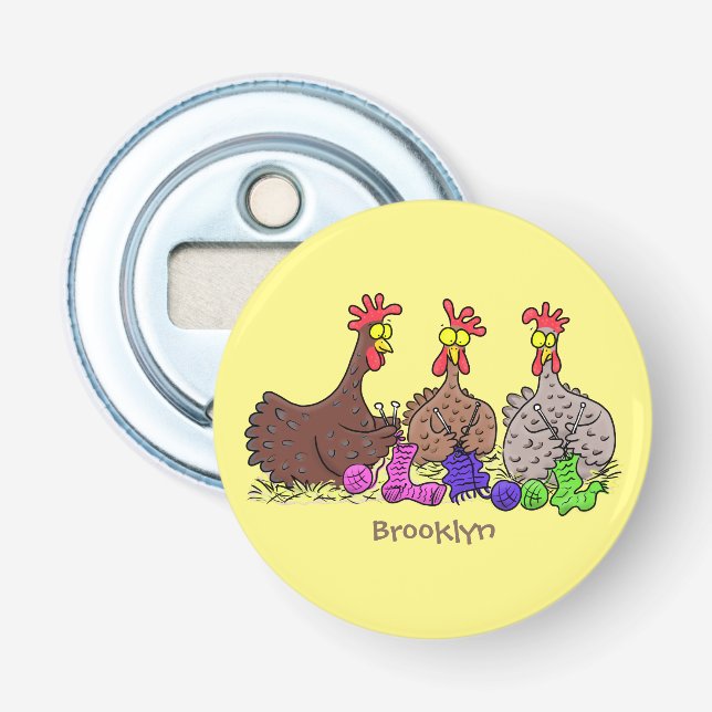 Funny knitting chickens cartoon illustration bottle opener (Front)