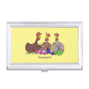 Funny knitting chickens cartoon illustration business card case