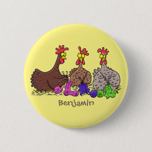 Funny knitting chickens cartoon illustration button