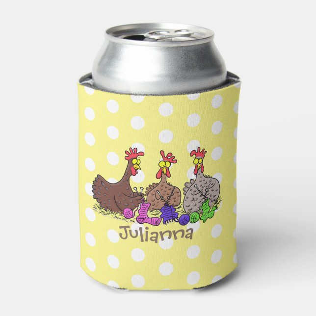 Funny knitting chickens cartoon illustration can cooler (Can Front)