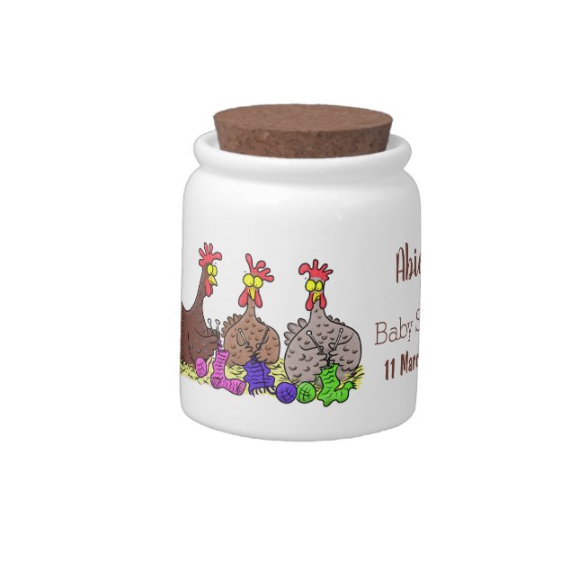 Funny knitting chickens cartoon illustration candy jar (Left)