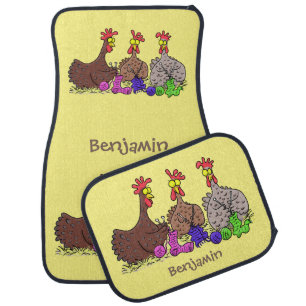 Funny knitting chickens cartoon illustration  car floor mat
