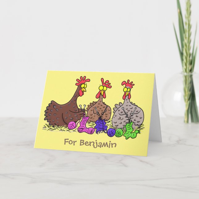 Funny knitting chickens cartoon illustration card (Front)