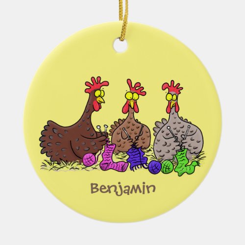 Funny knitting chickens cartoon illustration ceramic ornament
