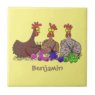 Funny knitting chickens cartoon illustration ceramic tile