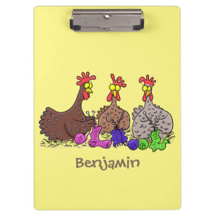 Funny knitting chickens cartoon illustration clipboard
