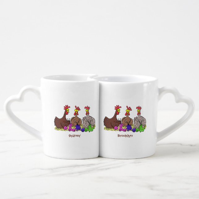 Funny knitting chickens cartoon illustration coffee mug set (Back Nesting)