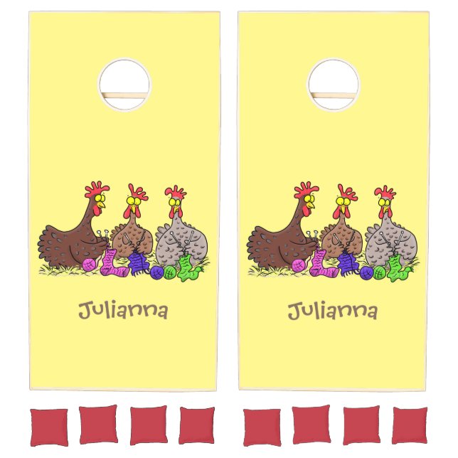 Funny knitting chickens cartoon illustration cornhole set (Set)