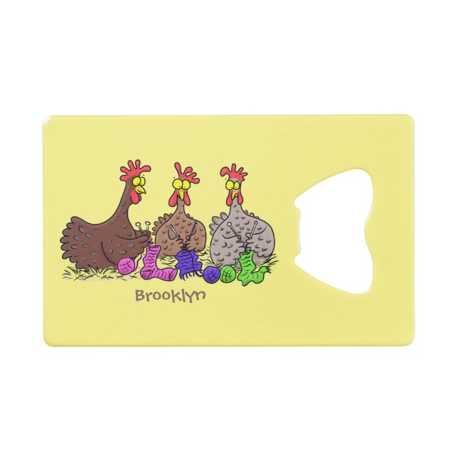 Funny knitting chickens cartoon illustration credit card bottle opener (Front (Horizontal))