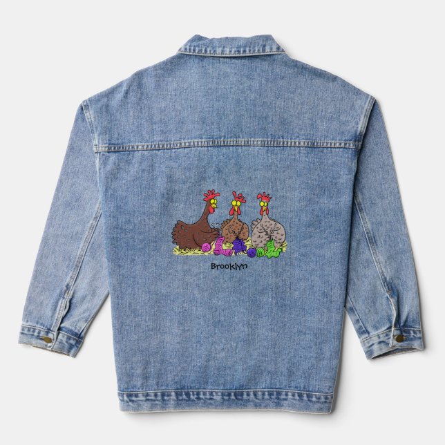 Funny knitting chickens cartoon illustration denim jacket (Back)