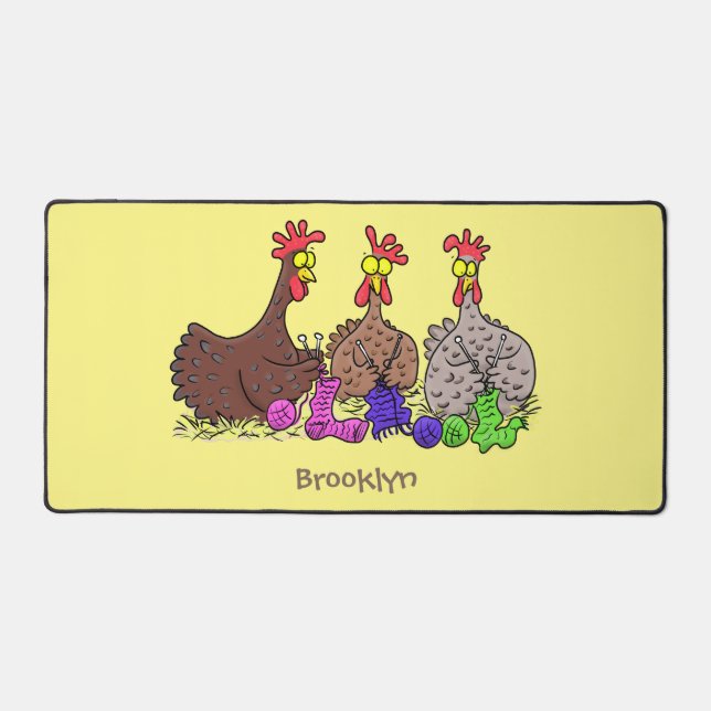 Funny knitting chickens cartoon illustration desk mat (Front)
