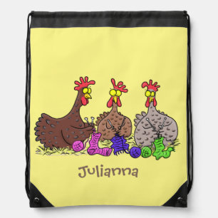 Funny knitting chickens cartoon illustration drawstring bag